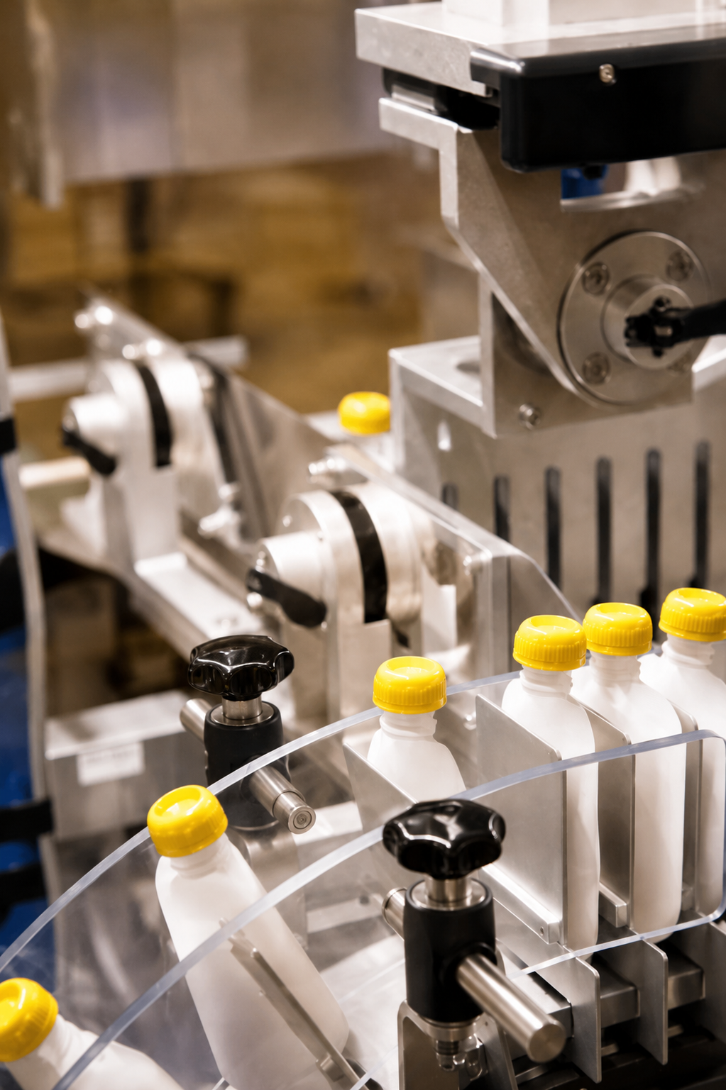 Unbranded squeeze pouches with yellow caps moving through automated food production equipment