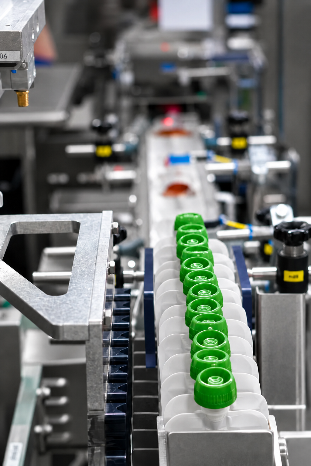 Unbranded white squeeze pouches with green caps moving upright through automated packaging equipment at APC