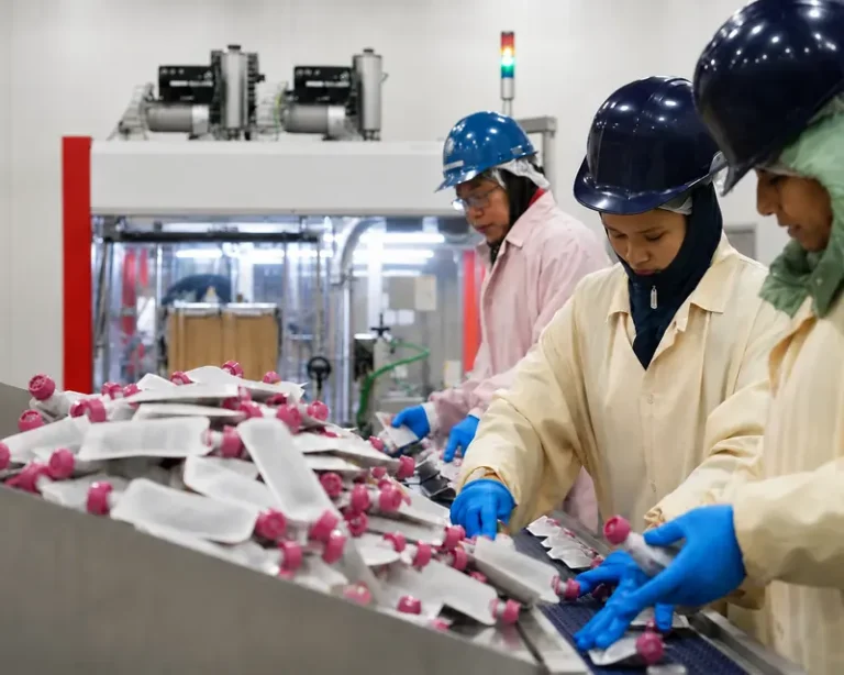 APC production employees handling packaged squeeze pouches on a food manufacturing line.