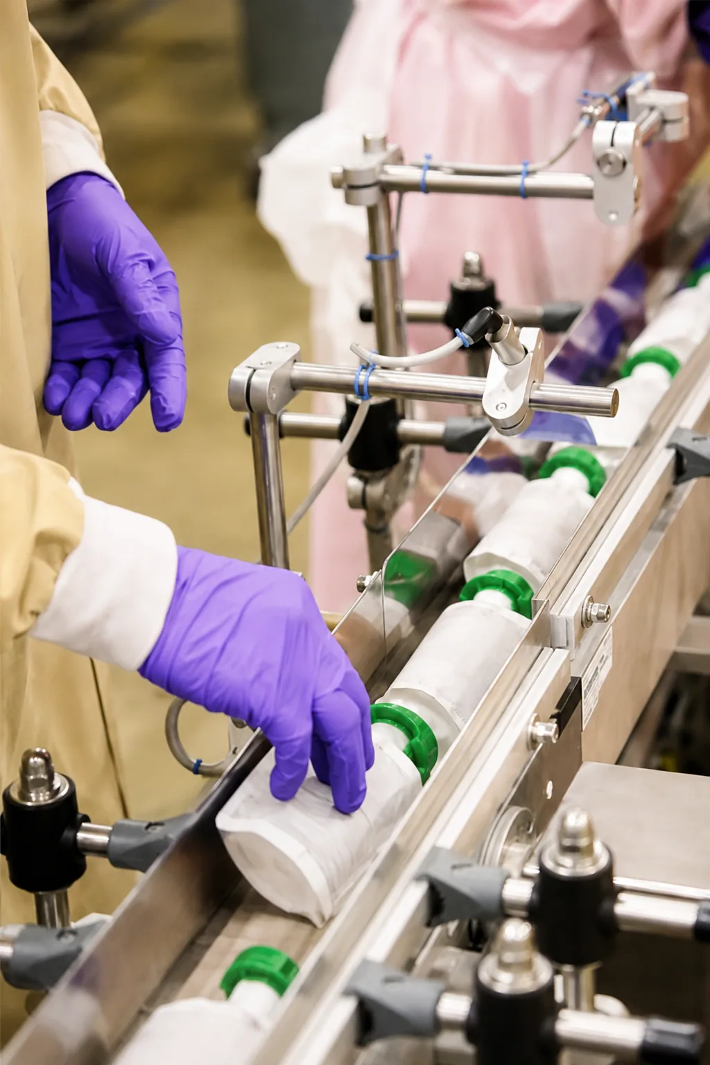 Worker wearing purple gloves placing a white squeeze pouch with a green cap onto an APC packaging conveyor