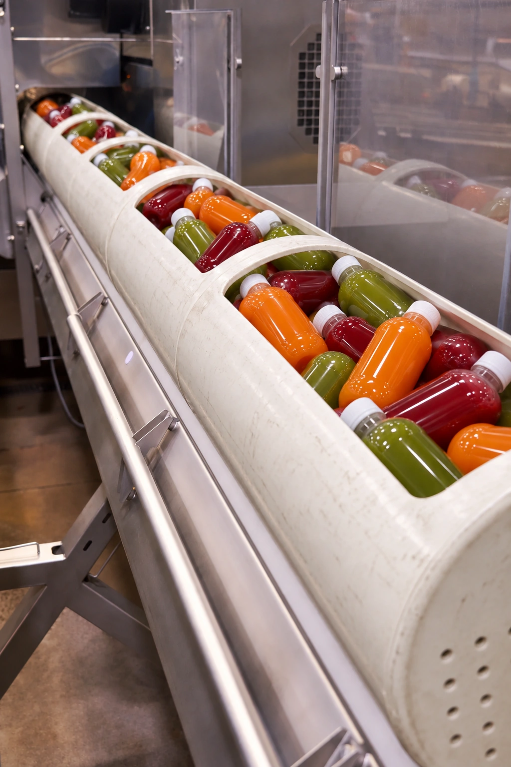 Unlabeled orange, deep-red, and green juice bottles with white caps inside scuffed off-white processing baskets on metal rails.