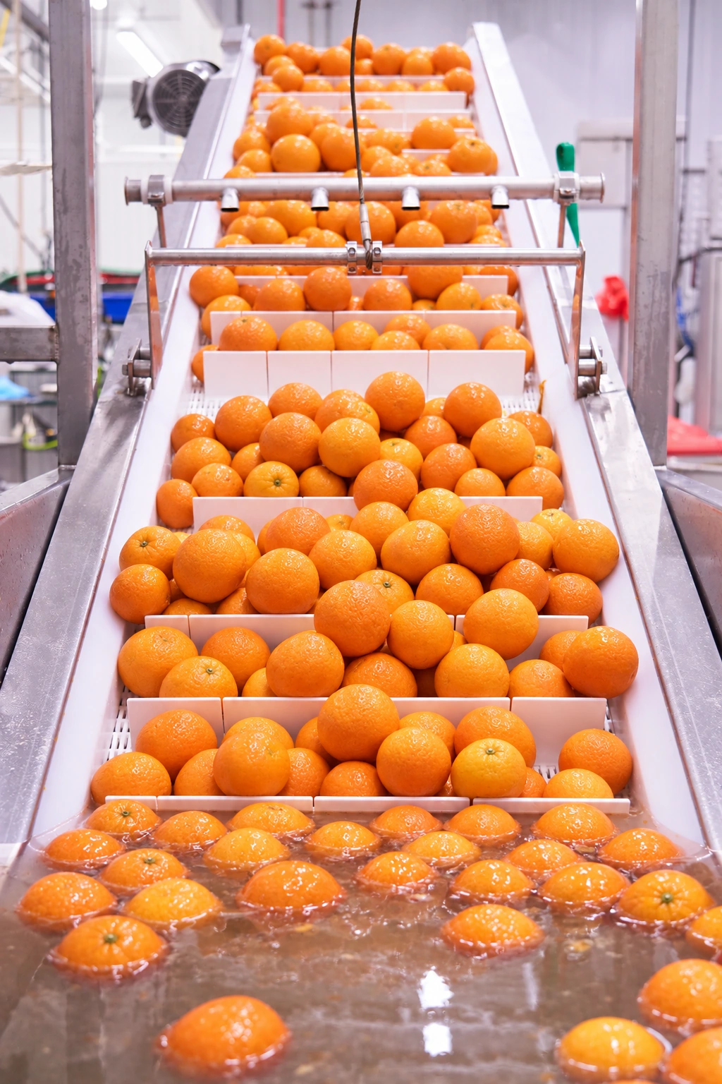 Whole oranges moving from wash water onto a tiered stainless-steel processing conveyor.