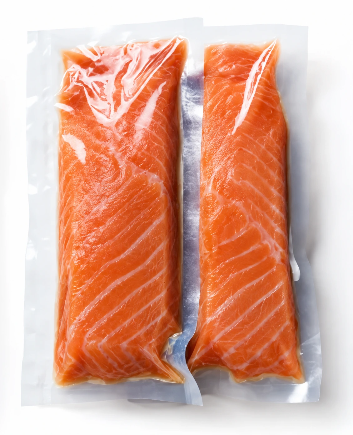Two salmon fillets in clear vacuum-sealed pouches against a white background.