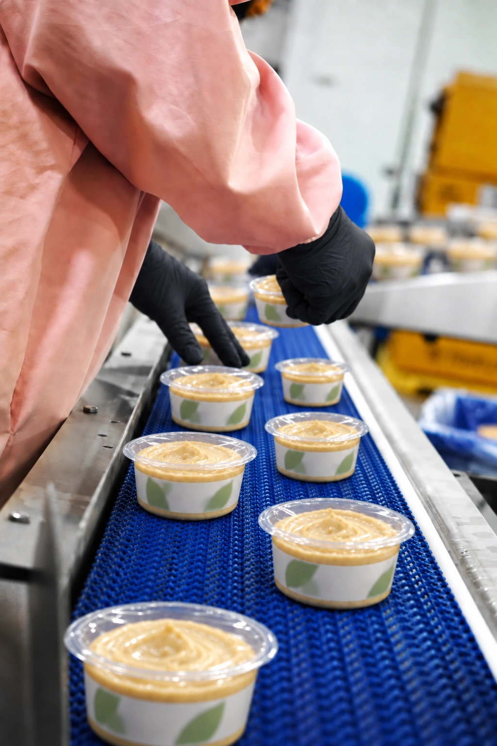 Worker in a pink smock and black gloves handling film-sealed cups of hummus with white-and-green labels on a conveyor.