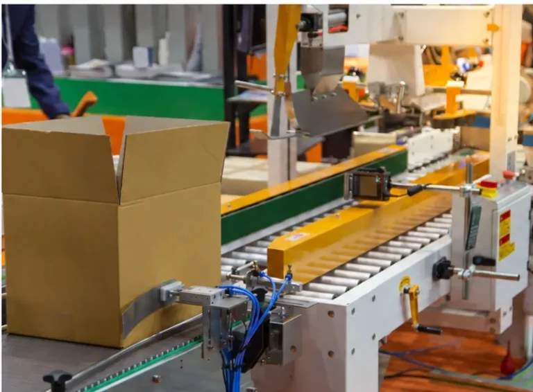 Open cardboard carton beside an automated packing conveyor in a food manufacturing facility.