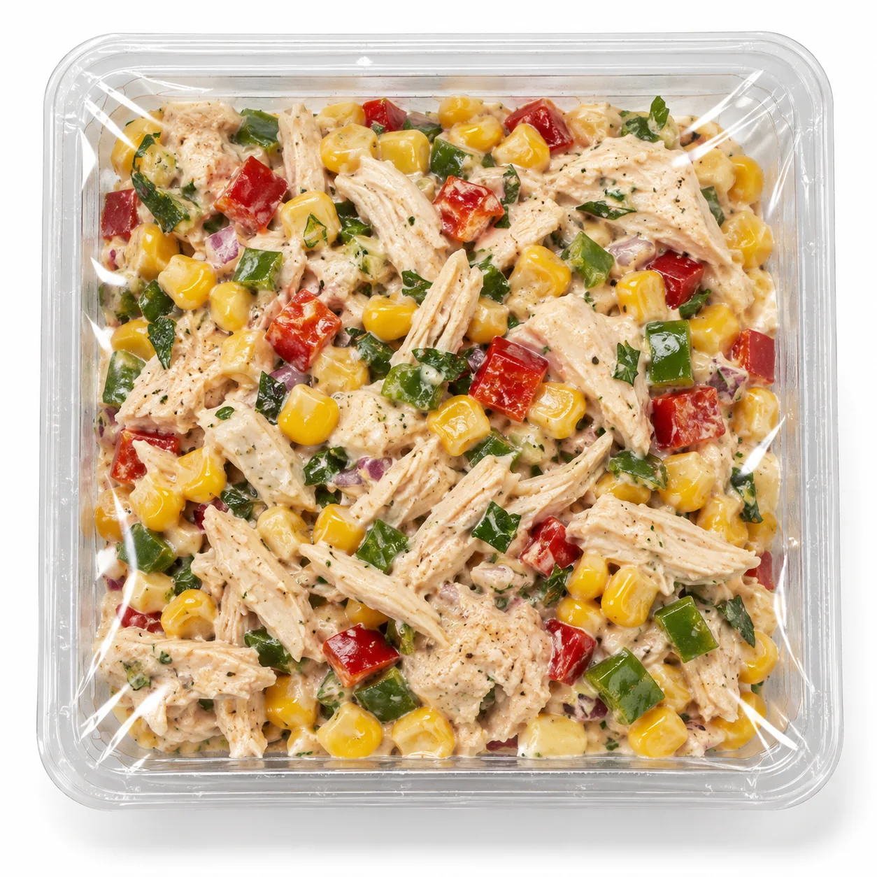 Chicken salad with corn and diced peppers in a square sealed tray