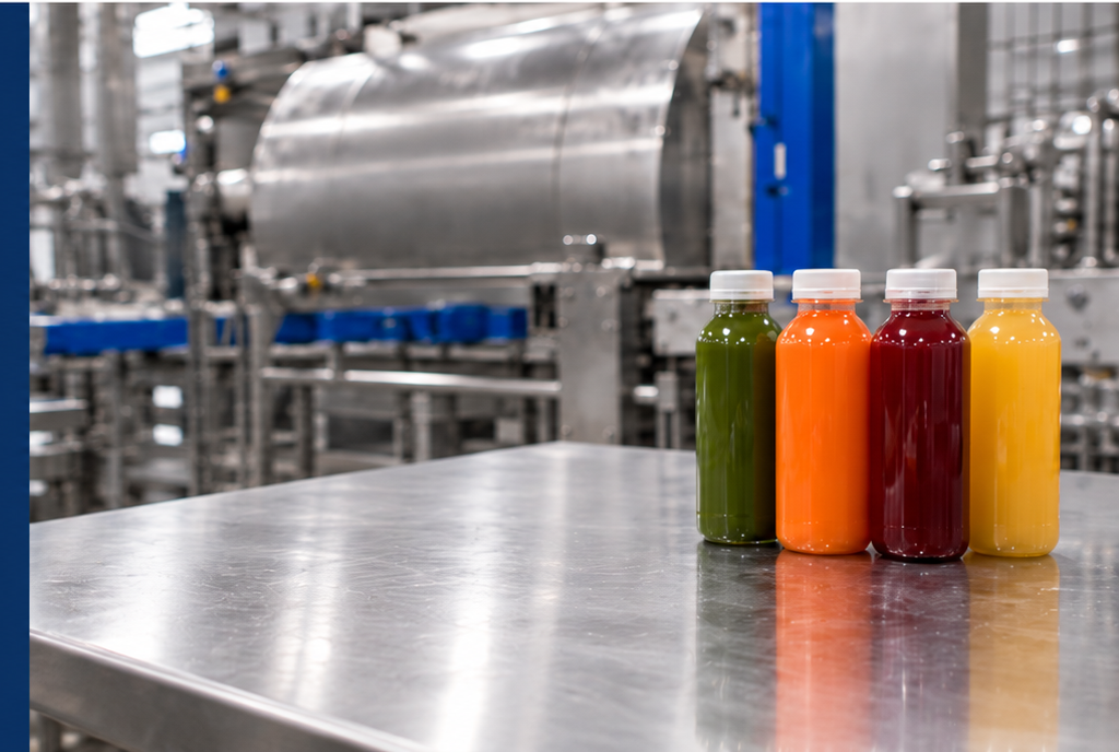 Four unbranded juice bottles—green, orange, dark red, and yellow—on a stainless-steel counter in a commercial processing facility