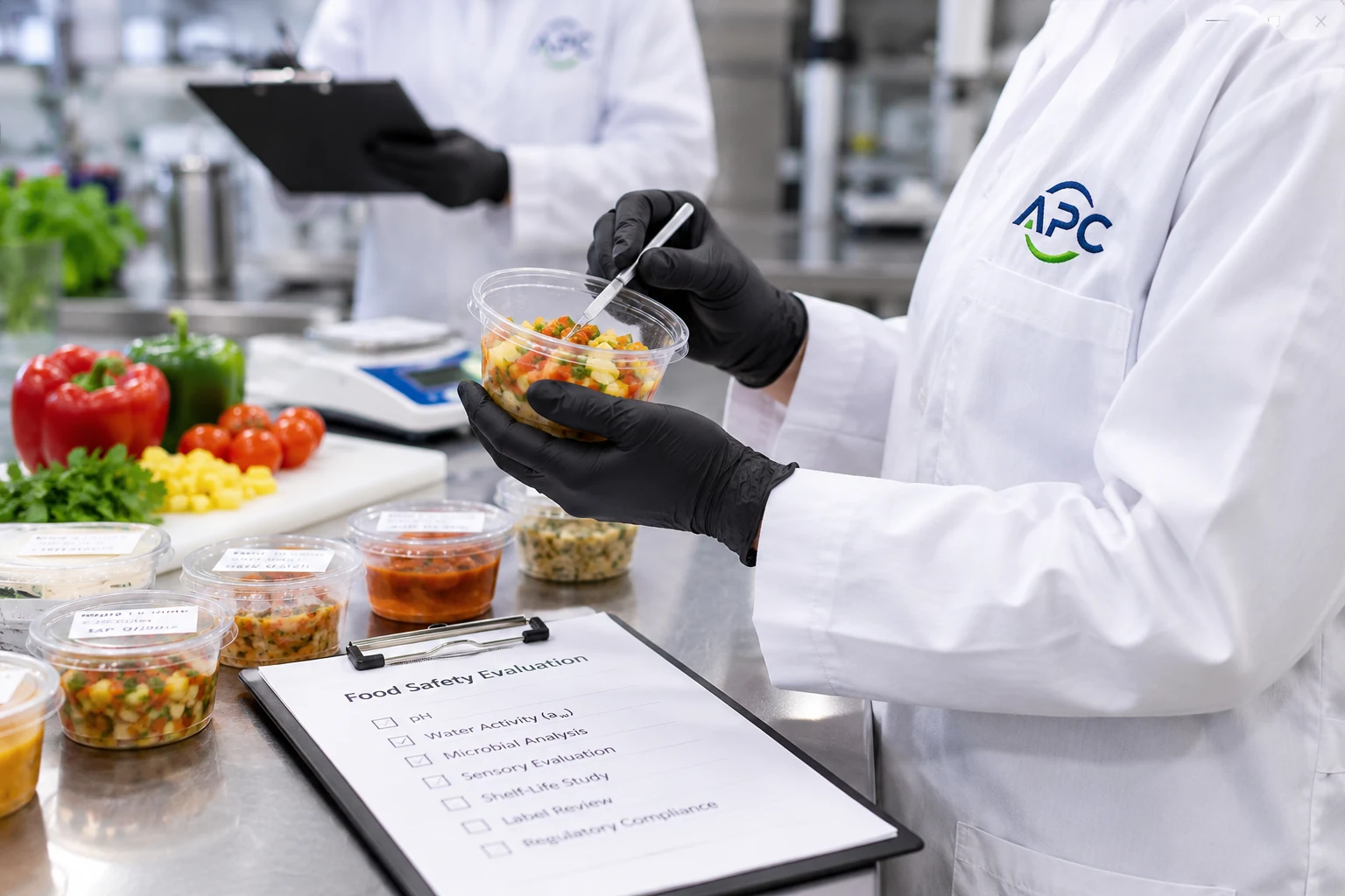 APC-branded food-development professional evaluating a prepared food sample with a Food Safety Evaluation checklist on a stainless-steel workbench