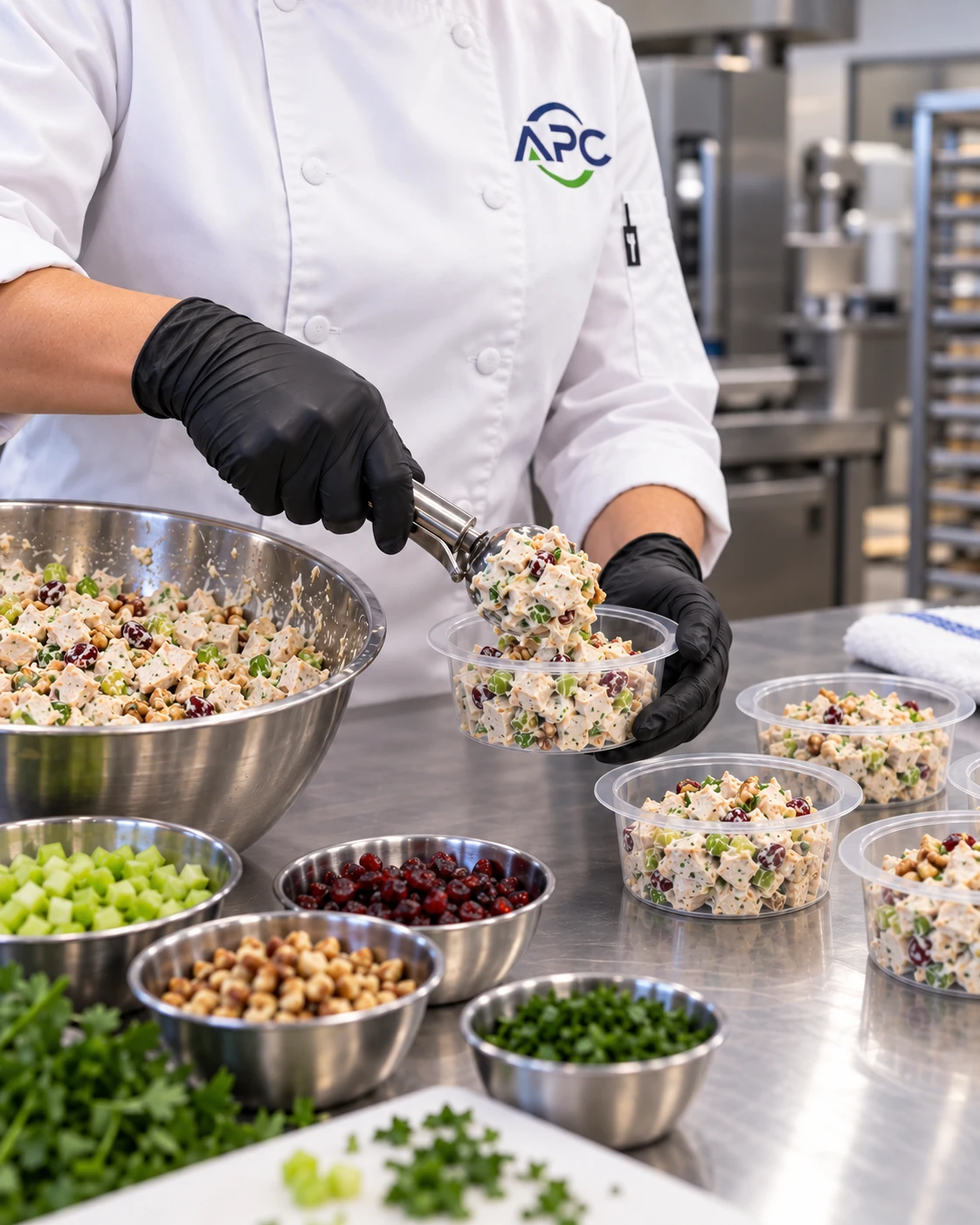 APC-branded food-development professional portioning gourmet chicken salad into clear round containers in a commercial test kitchen