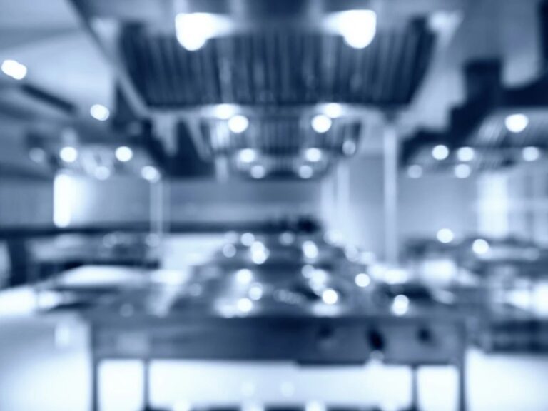 Out-of-focus commercial kitchen with ceiling lights reflecting off overhead exhaust hoods and stainless steel equipment, in a cool blue tone.