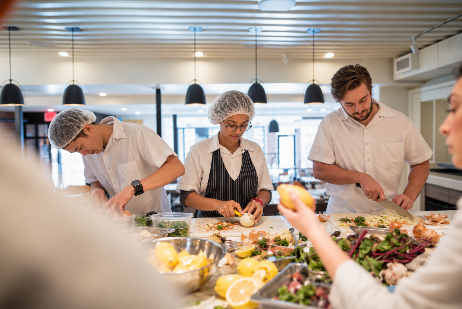 Culinary team in hairnets and white shirts preparing fresh produce—onions, lemons, and leafy greens—at a commercial kitchen prep counter.