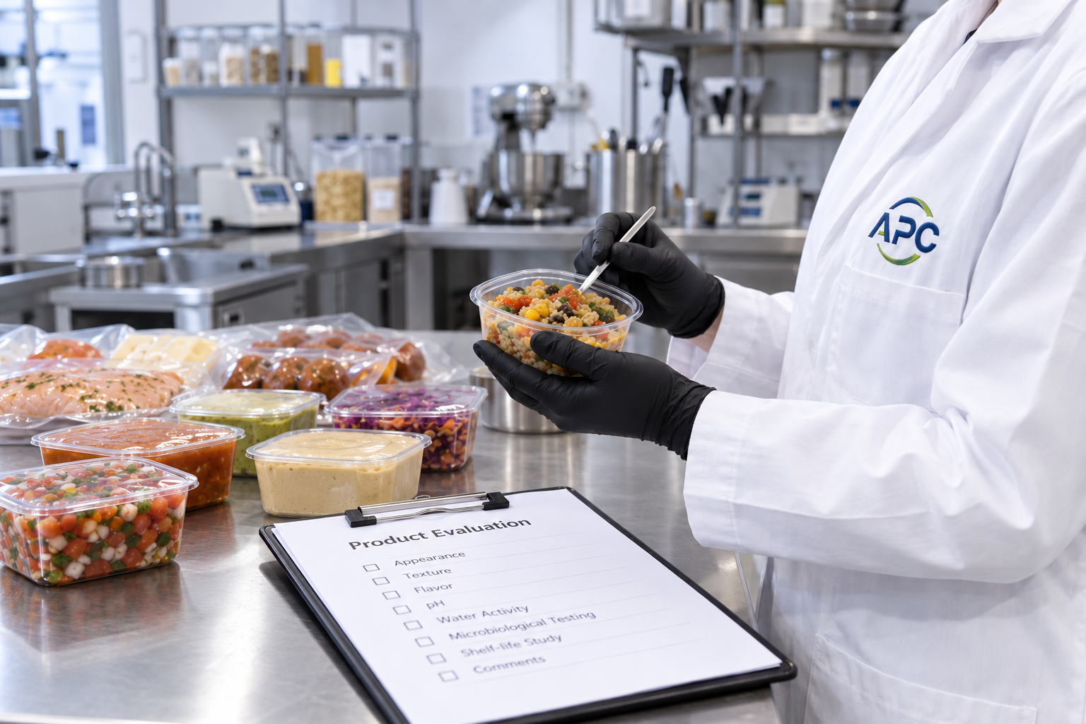 Technician in an APC lab coat evaluating a prepared salad beside packaged foods and a product evaluation checklist.