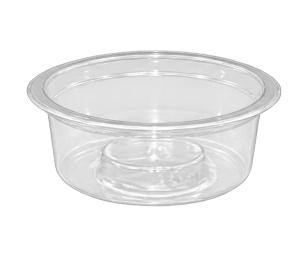 Shallow round clear plastic food container with a wide sealing rim