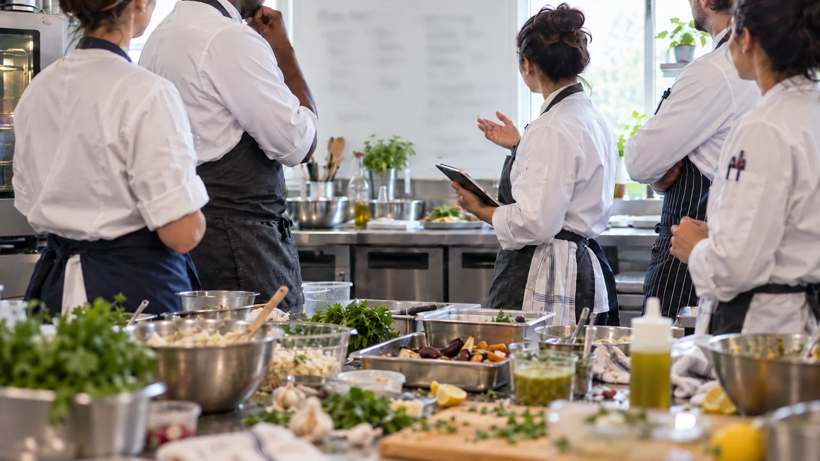 Culinary professionals discussing recipe trials around a worktable with food ingredients and mixing bowls in a commercial test kitchen.