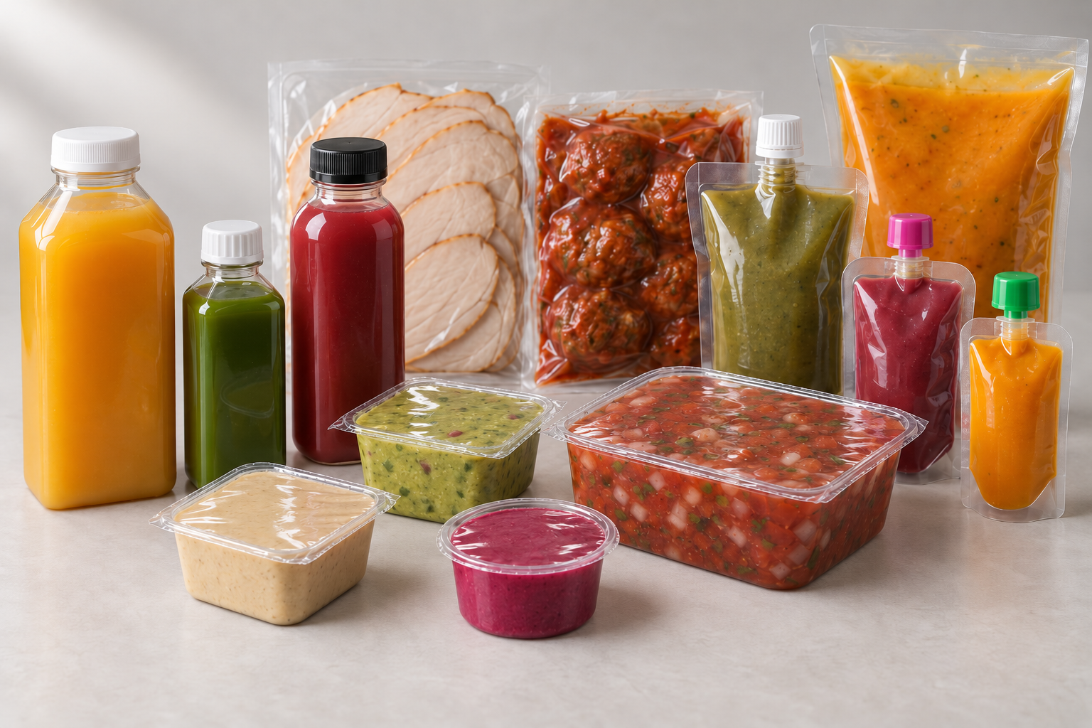 Sealed bottles, squeeze pouches, vacuum-packed foods, and film-sealed containers of fresh foods and sauces