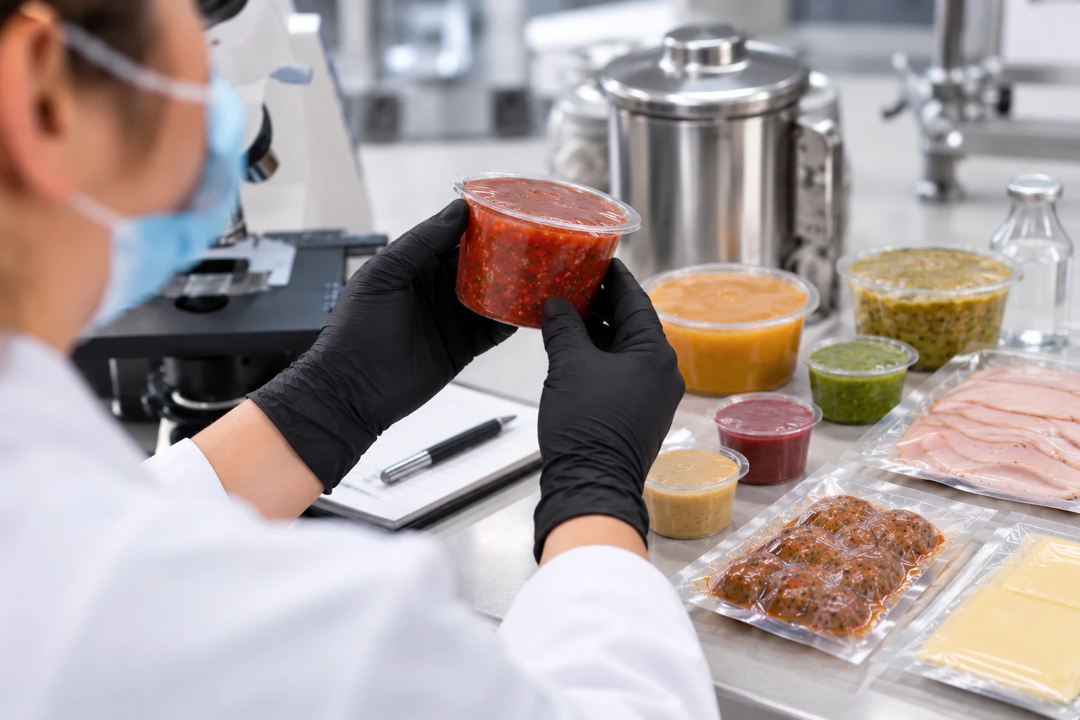 Laboratory technician examining a sealed food product sample among packaged foods prepared for HPP evaluation
