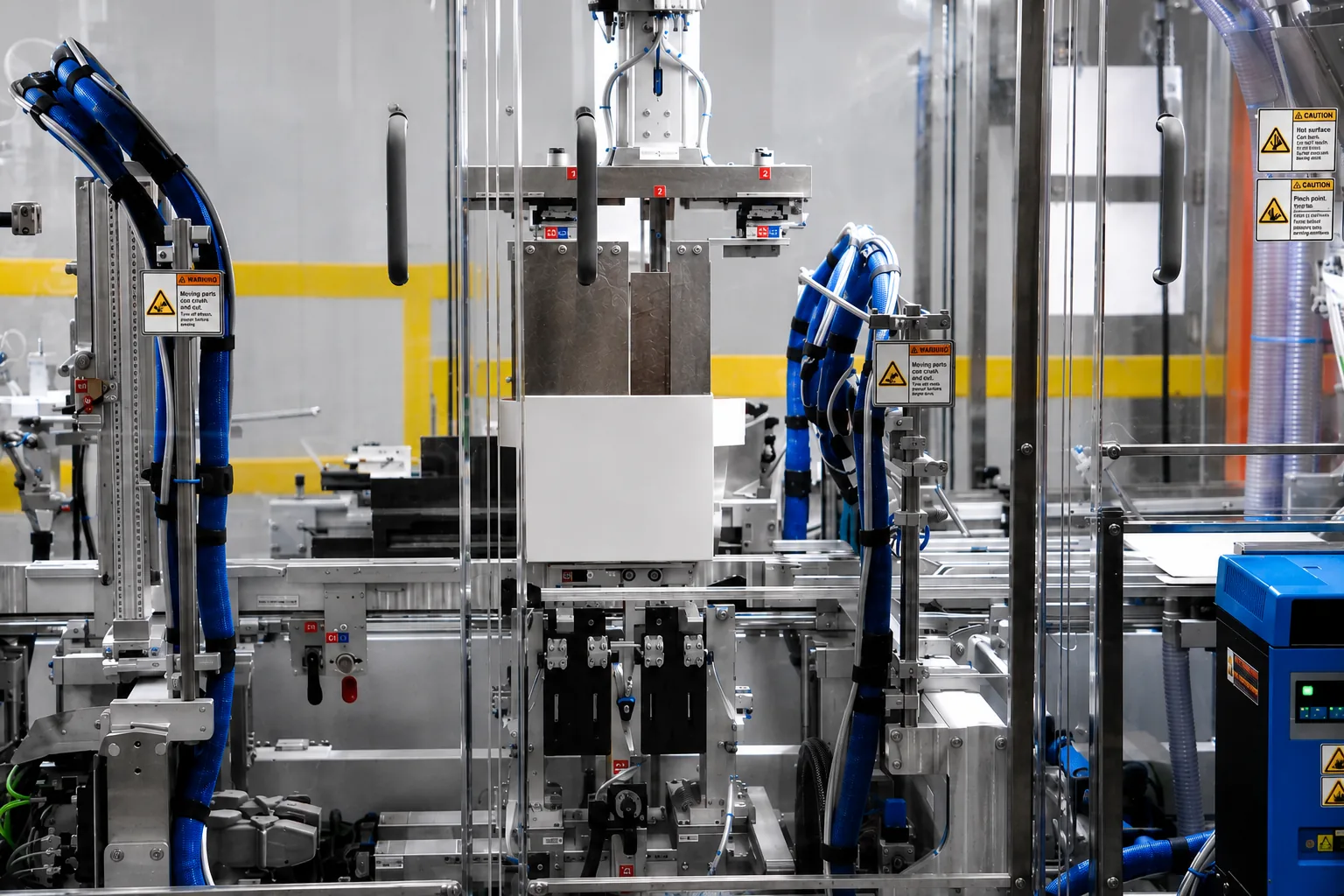 Automated carton packaging equipment behind safety glass at APC