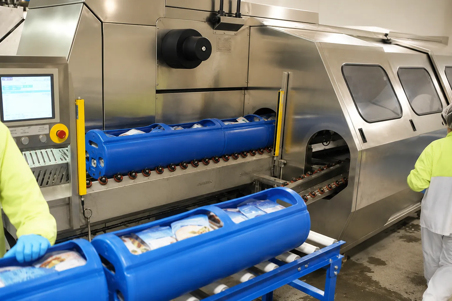 Blue HPP loading baskets moving through stainless-steel high-pressure processing equipment