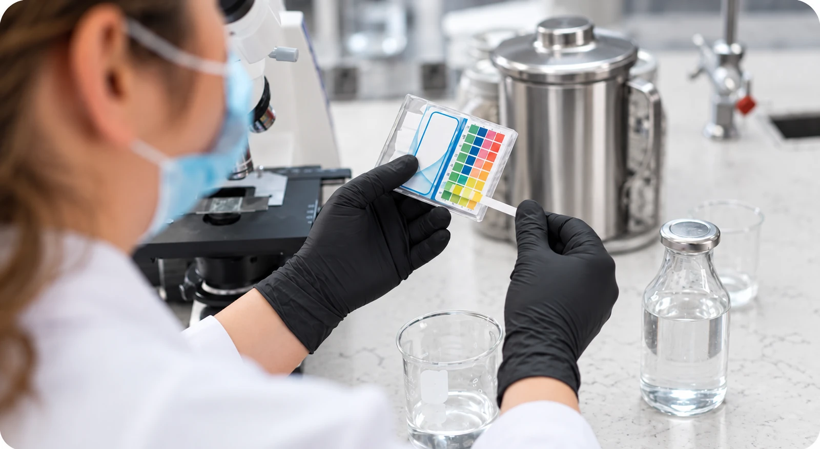 Laboratory technician in black gloves comparing a pH test strip with a color chart beside testing equipment.