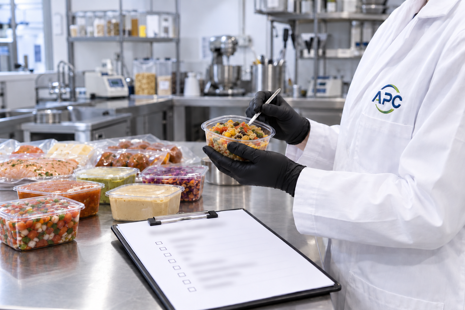 Technician in an APC lab coat evaluating a prepared salad beside packaged foods and a product evaluation checklist.