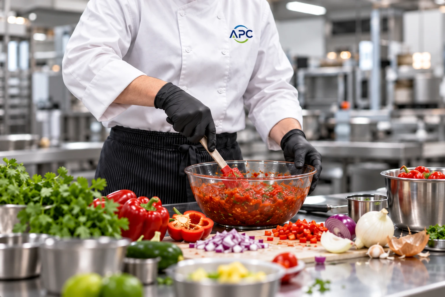 APC-branded food-development professional mixing a tomato-based formulation with fresh ingredients in a commercial test kitchen