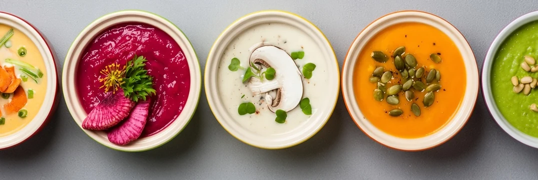 Five colorful sauce and soup bowls on a clean neutral surface without scattered garnish.